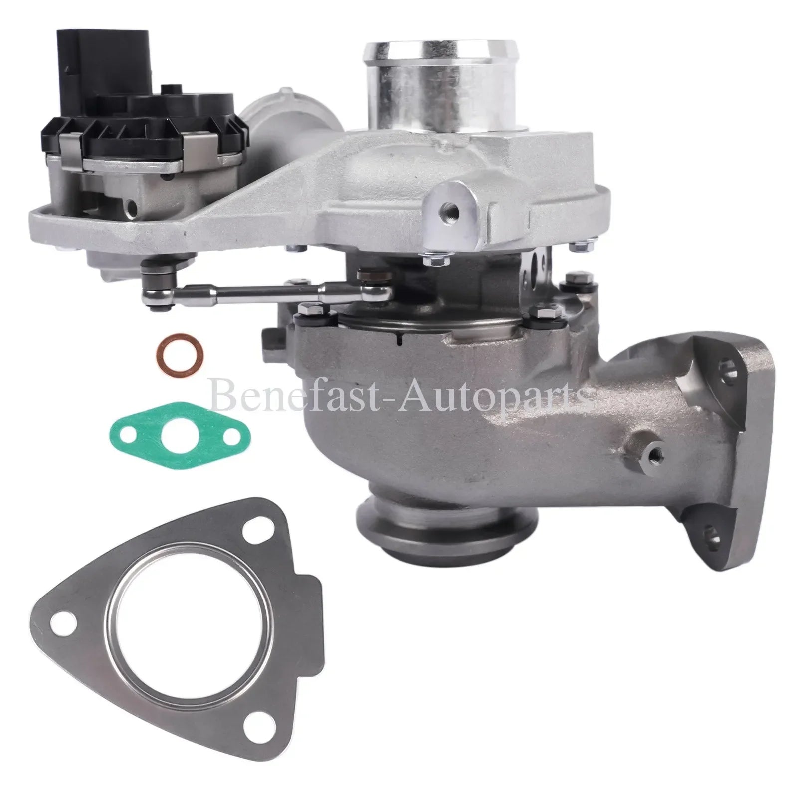 Srebrna metaliczna turbosprężarka gk2q6k682bb z czarnymi i srebrnymi elementami do ford transit v363 ecoblue