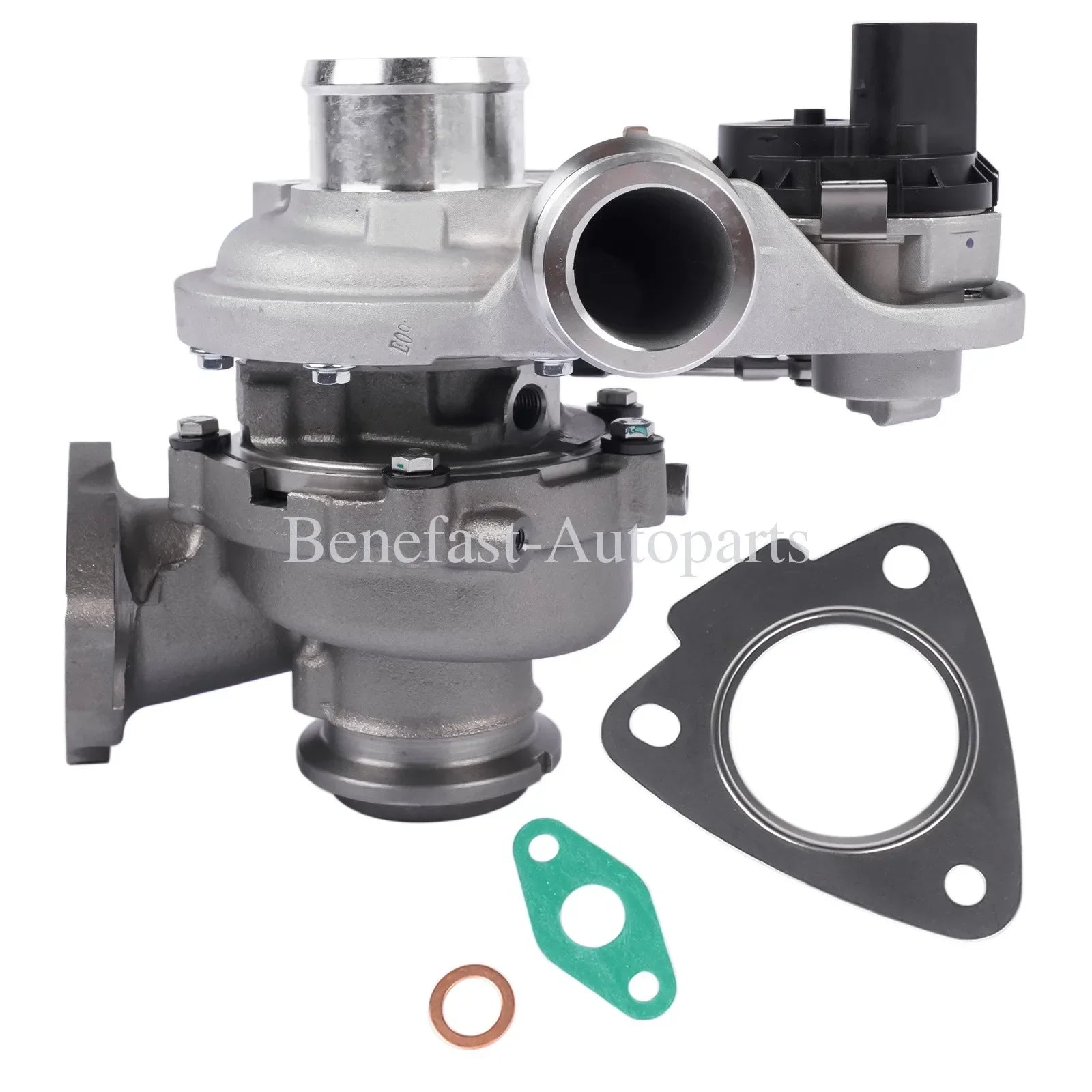 Srebrna metaliczna turbosprężarka z czarną obudową czujnika i uszczelkami do ford transit v363 2.0 ecoblue gk2q6k682bb