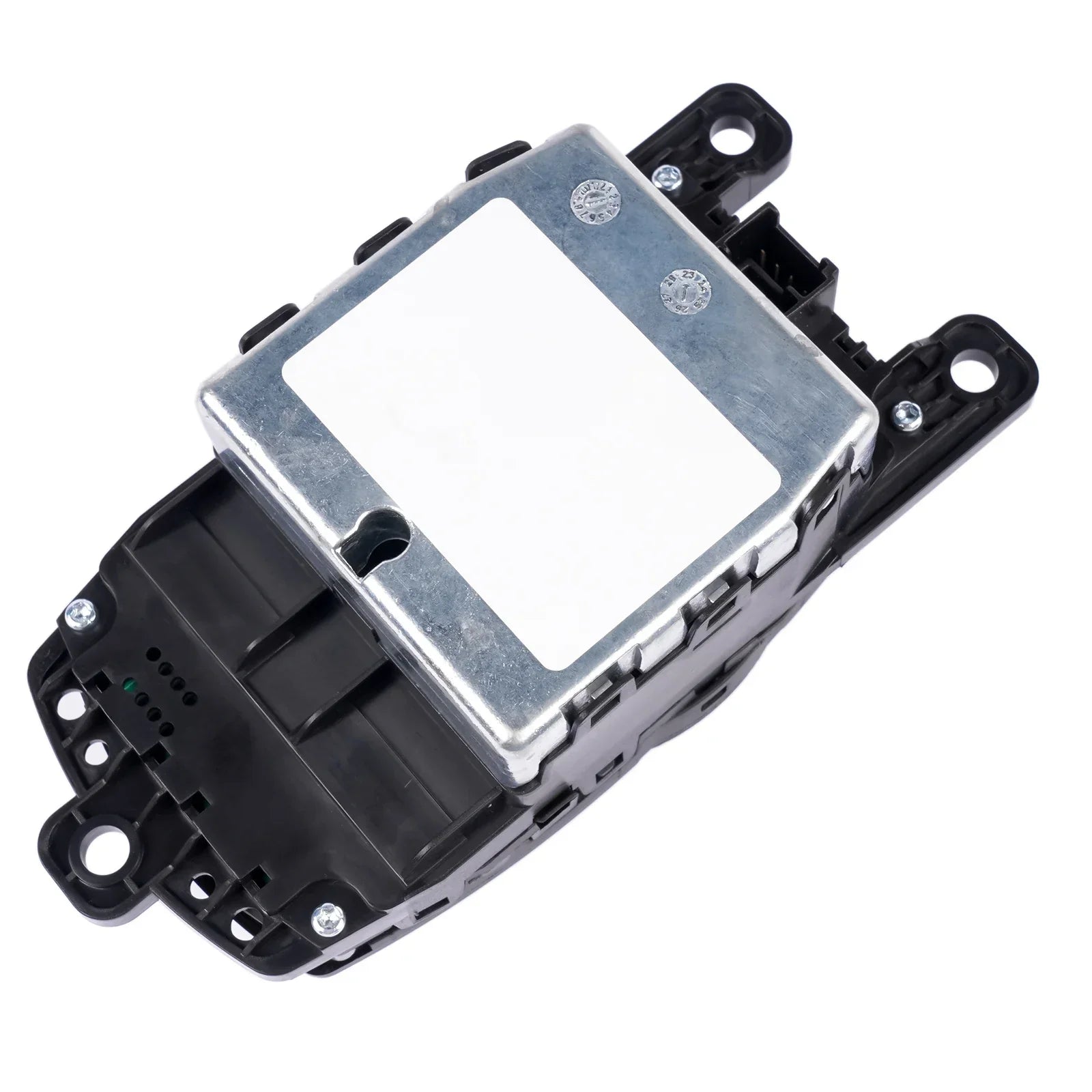 Czarna plastikowa obudowa z srebrną metalową pokrywą i uchwytami do montażu system idrive controller do bmw