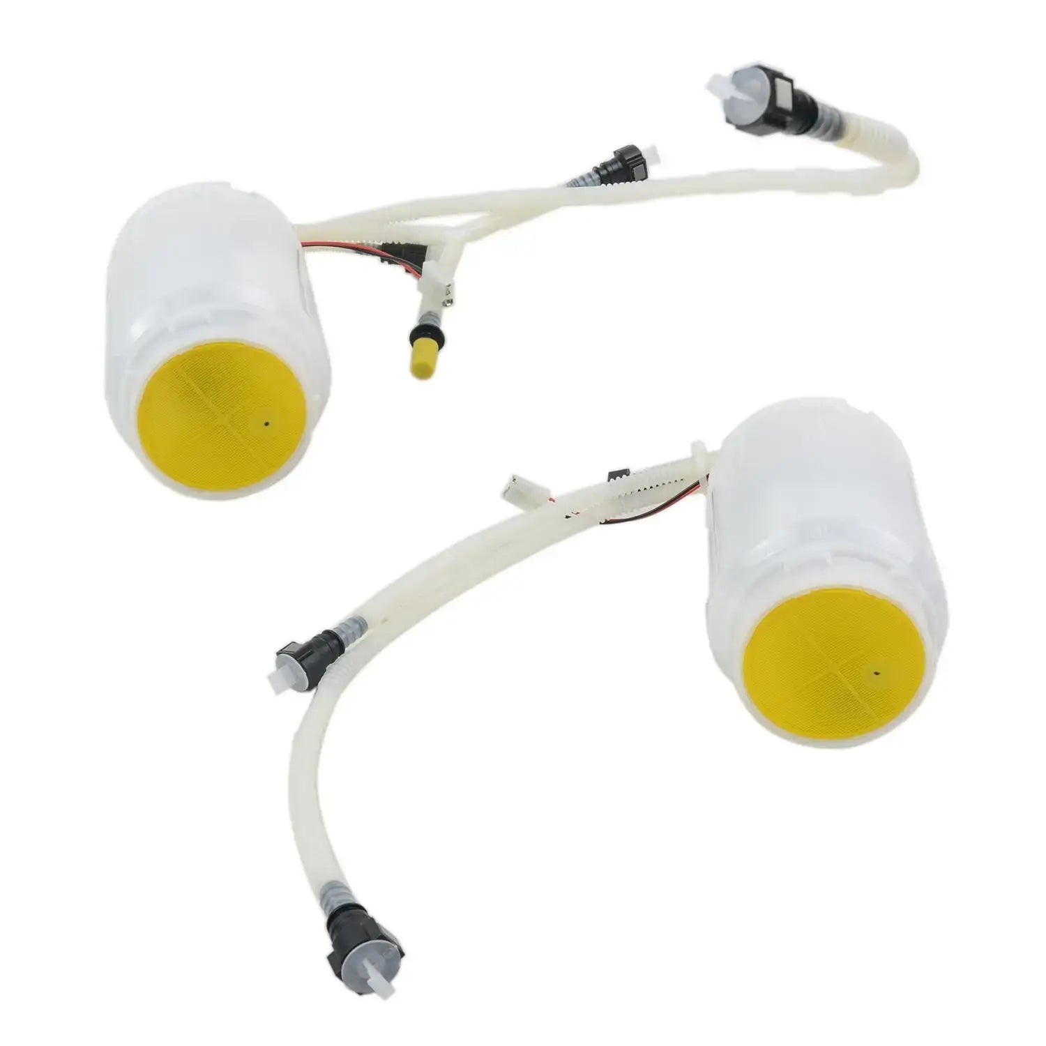 Przezroczyste plastikowe zbiorniki paliwa z żółtymi podstawami i rurkami do ap01 pair fuel pumps for porsche cayenne part number 95562093101