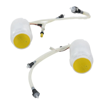 Przezroczyste plastikowe zbiorniki paliwa z żółtymi podstawami i rurkami do ap01 pair fuel pumps for porsche cayenne part number 95562093101