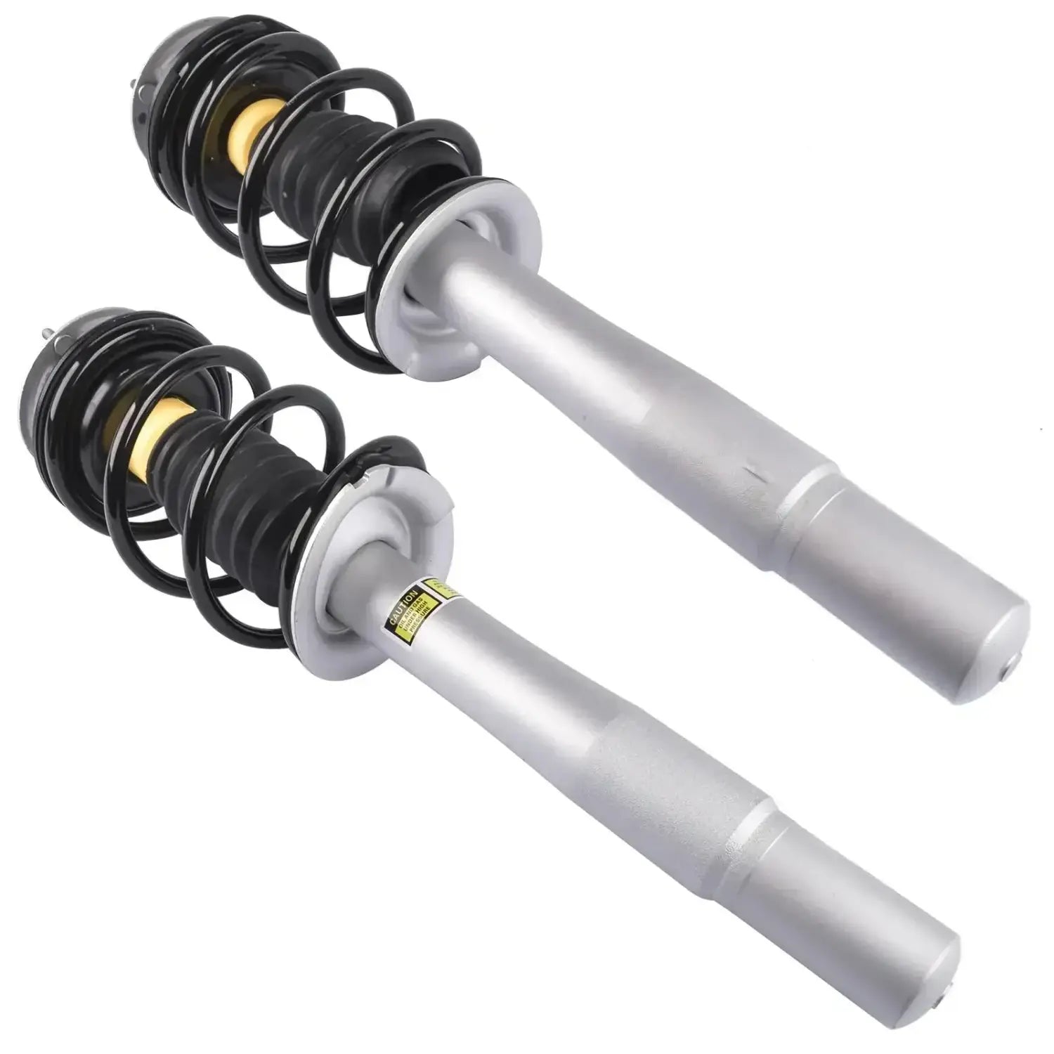 Silverowe coilover amortyzatory przednie z czarnymi sprężynami i żółtymi tłumikami do bmw 5er e60 520i 530i 520d