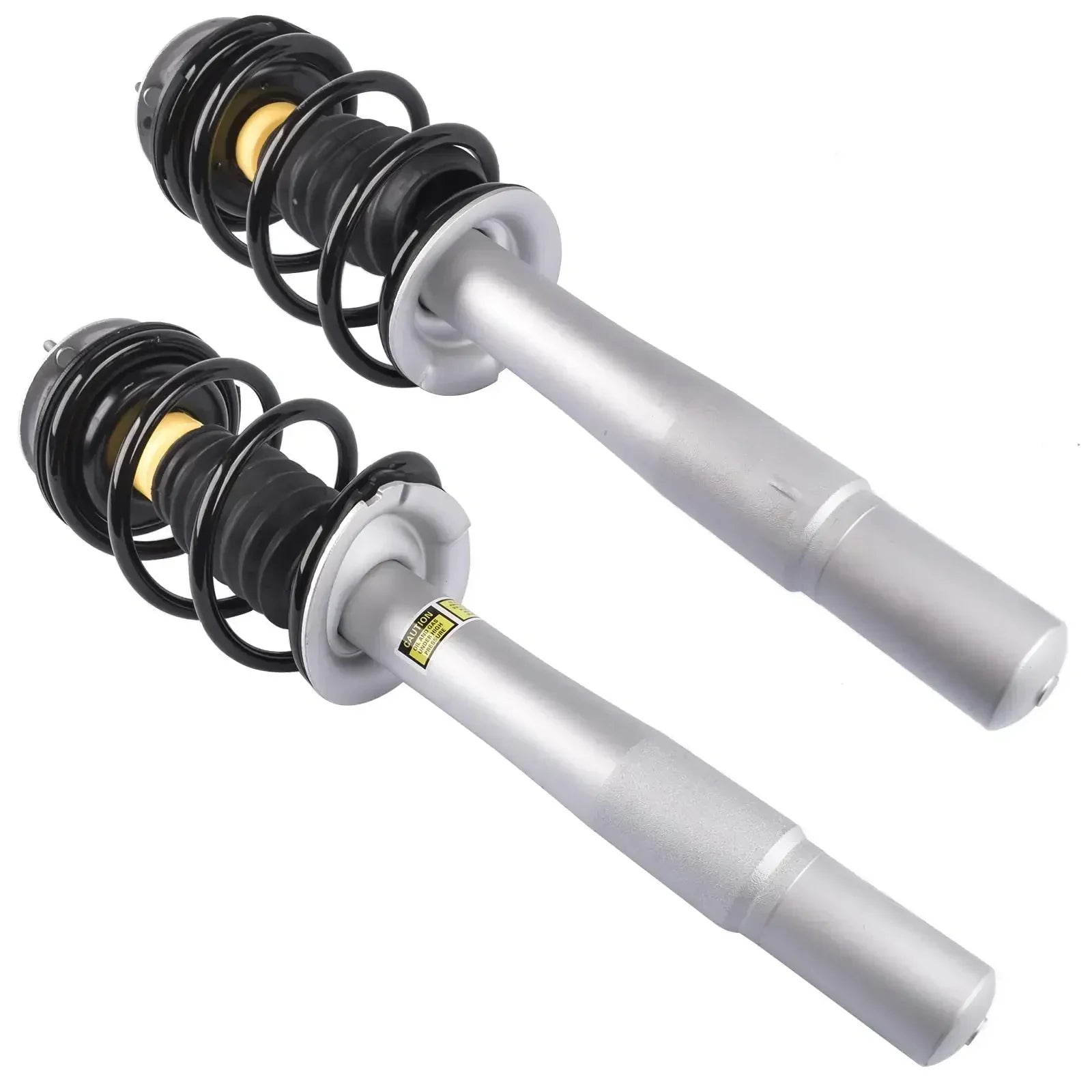 Silverowe coilover amortyzatory przednie z czarnymi sprężynami i żółtymi tłumikami do bmw 5er e60 520i 530i 520d