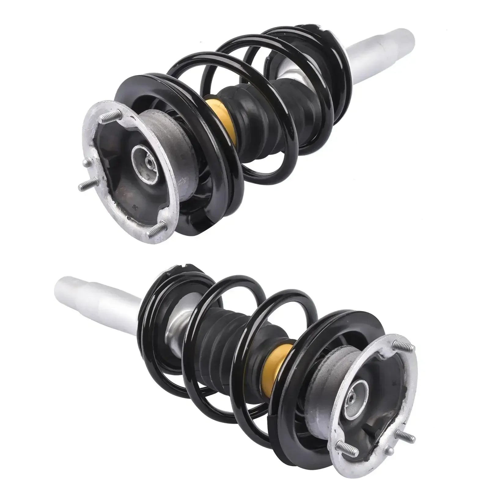 Czarne coil-overy z srebrnymi mocowaniami i żółtymi uszczelkami do bmw 5er e60 520i 530i 520d