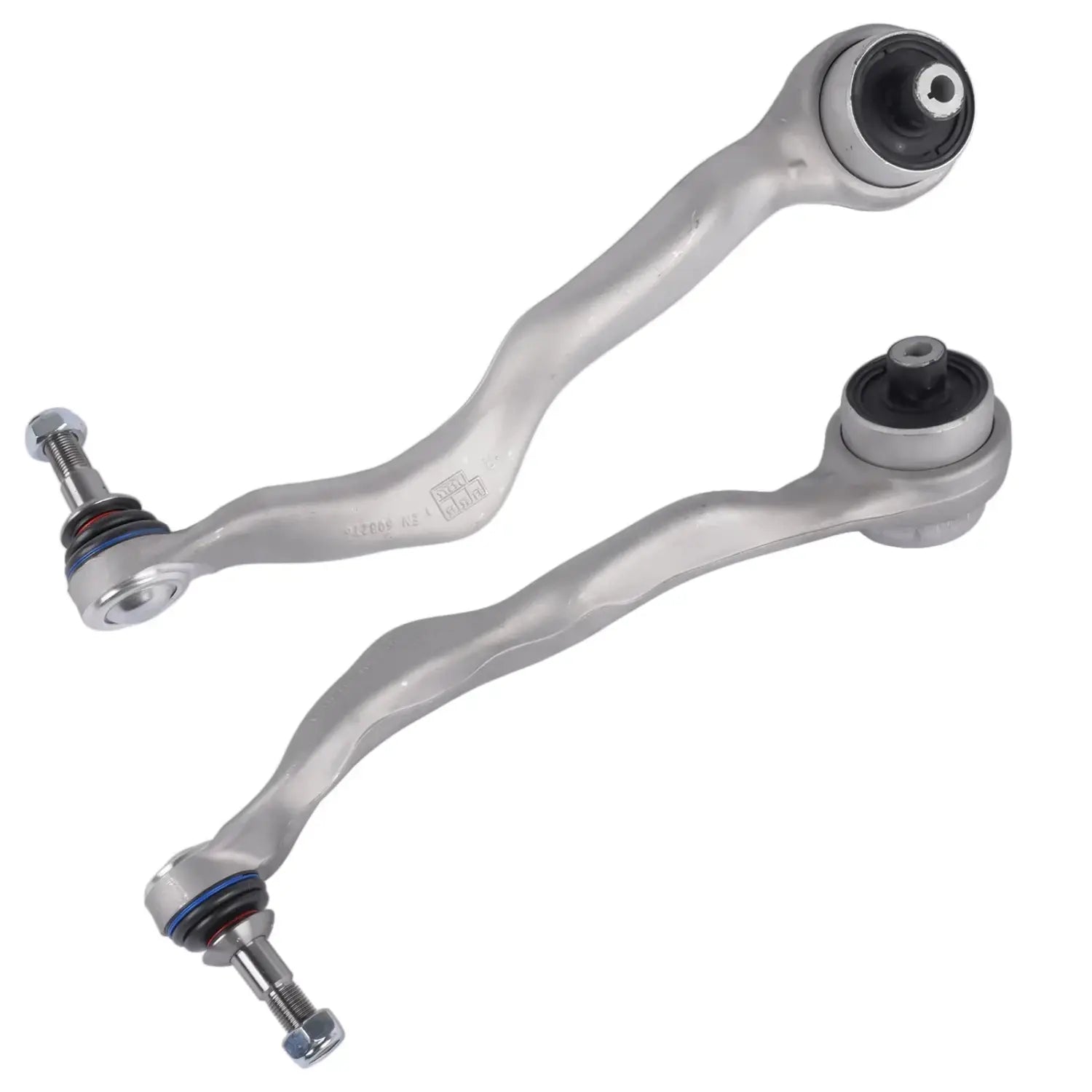 Srebrny metaliczny przedni dolny wahacz do bmw f20 f21 f22 f23 f30 f31 f32 f33 f34 f80 f83 z czarnymi tulejami gumowymi i niebieskimi pierścieniami uszczelniającymi
