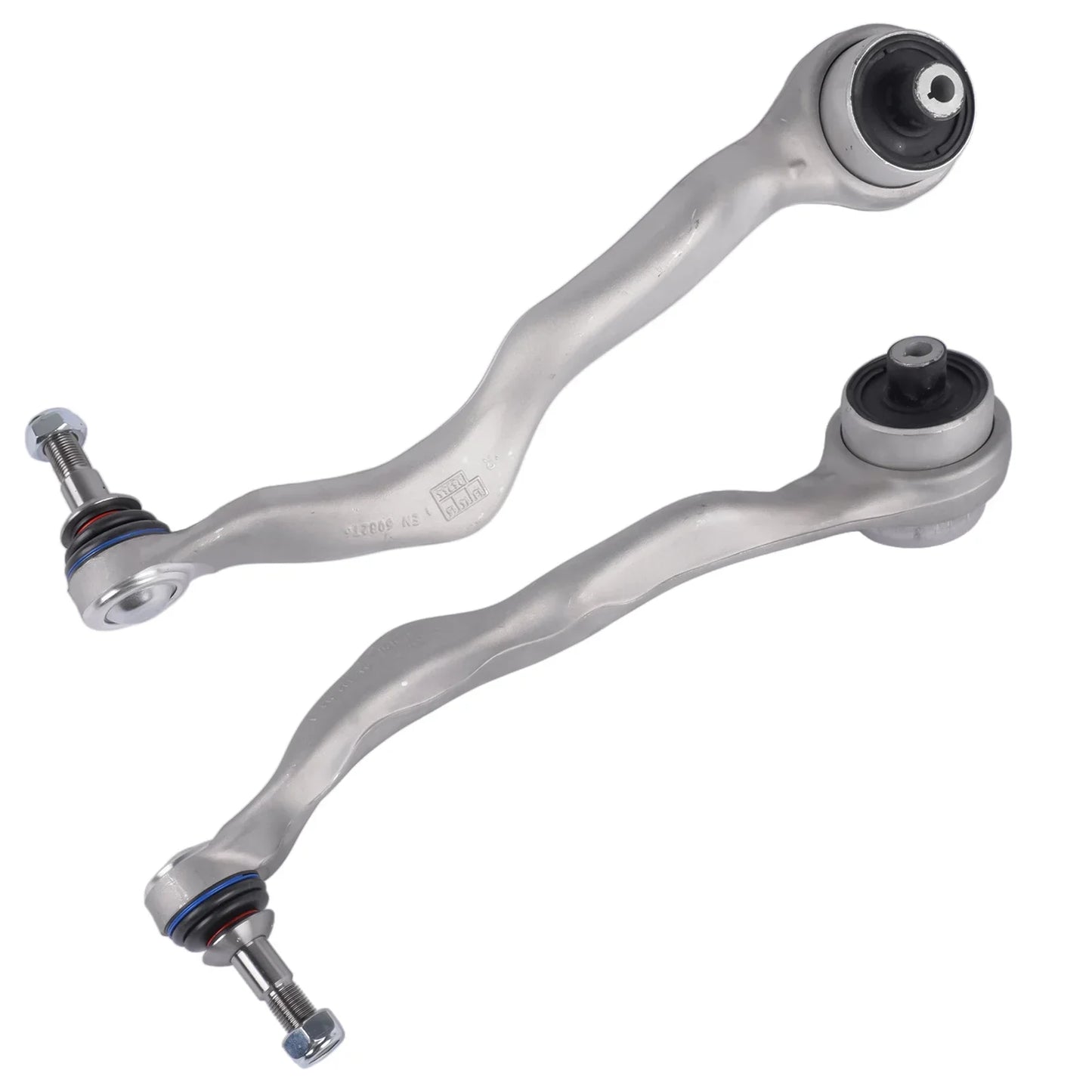 Srebrny metaliczny przedni dolny wahacz do bmw f20 f21 f22 f23 f30 f31 f32 f33 f34 f80 f83 z czarnymi tulejami gumowymi i niebieskimi pierścieniami uszczelniającymi