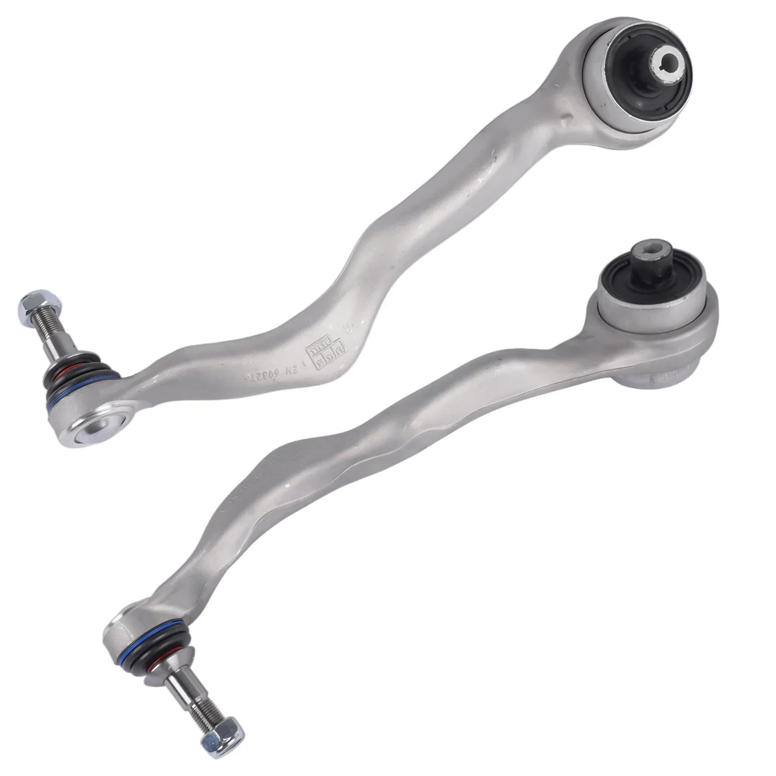 Srebrny metaliczny przedni dolny wahacz do bmw f20 f21 f22 f23 f30 f31 f32 f33 f34 f80 f83 z czarnymi tulejami gumowymi i niebieskimi pierścieniami uszczelniającymi