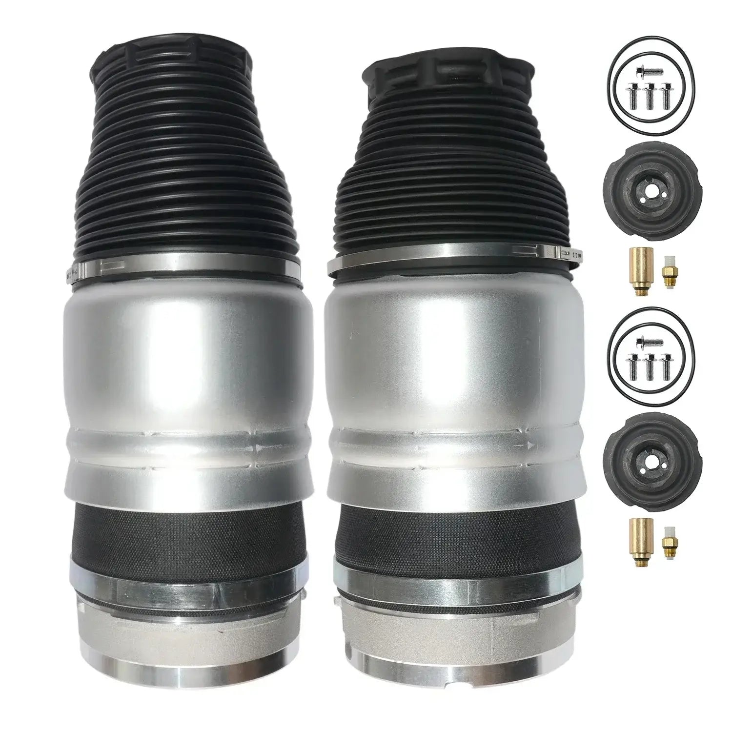 Srebrne amortyzatory powietrzne air suspension z czarnymi gumowymi osłonami do audi i porsche cayenne