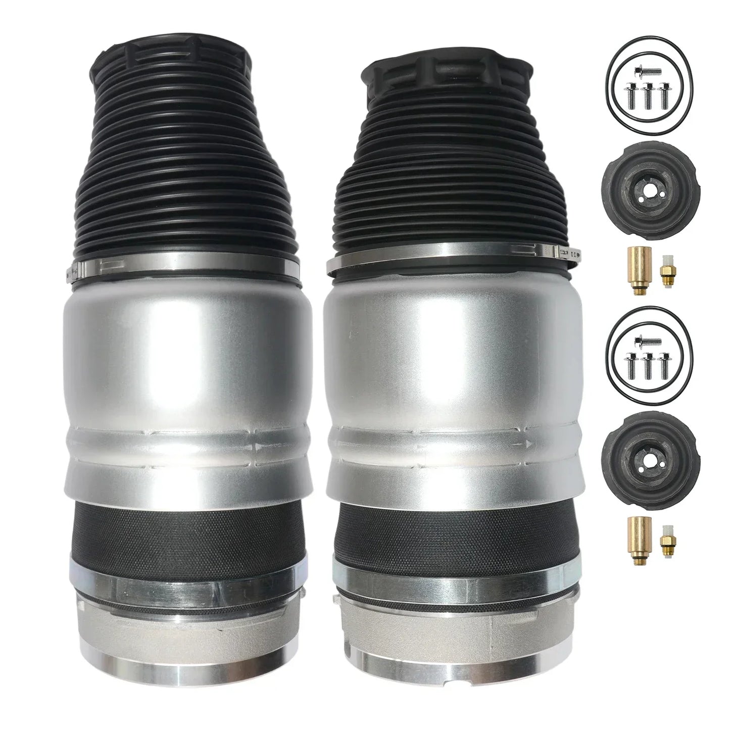 Srebrne amortyzatory powietrzne air suspension z czarnymi gumowymi osłonami do audi i porsche cayenne