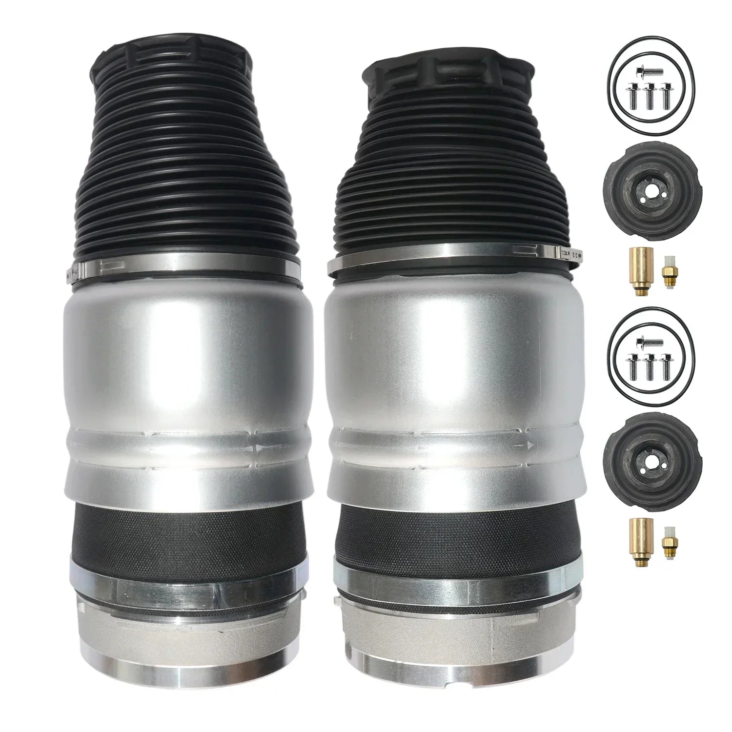 Srebrne amortyzatory powietrzne air suspension z czarnymi gumowymi osłonami do audi i porsche cayenne