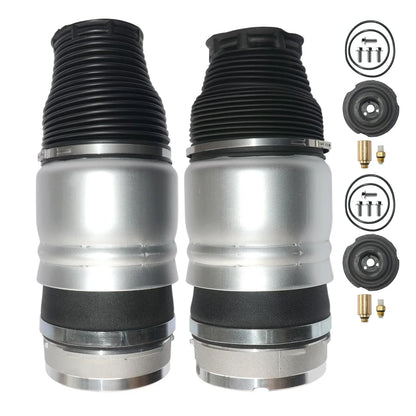 Srebrne amortyzatory powietrzne air suspension z czarnymi gumowymi osłonami do audi i porsche cayenne
