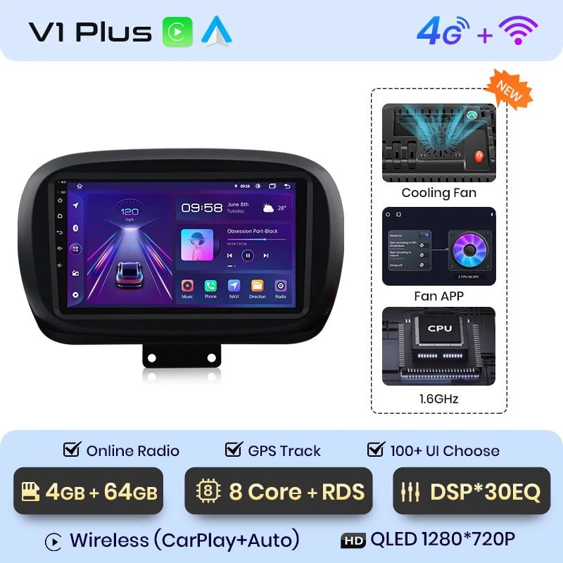 Plus Radio samochodowe do Fiata 500X 2014 - 2020 bezprzewodowy CarPlay Android Auto inteligentne systemy samochodowe - Multigenus