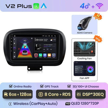 Plus Radio samochodowe do Fiata 500X 2014 - 2020 bezprzewodowy CarPlay Android Auto inteligentne systemy samochodowe - Multigenus