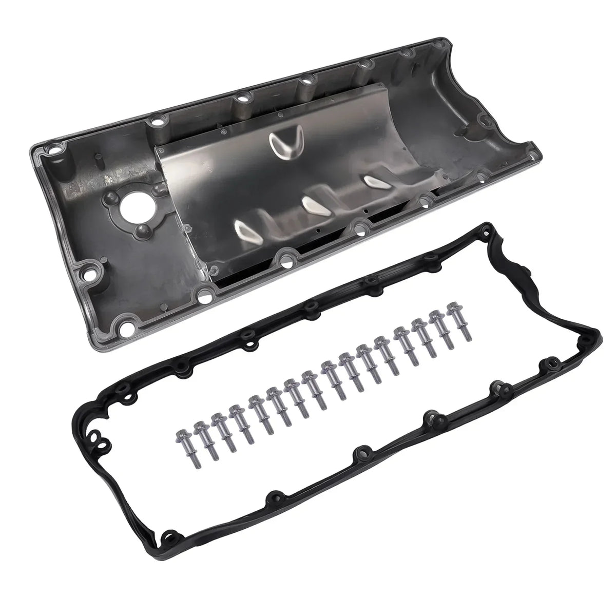 Czarna gumowa uszczelka z srebrnymi śrubami obok metalowej pokrywy głowicy cylindrów do volkswagen touareg i transporter t5 caravelle