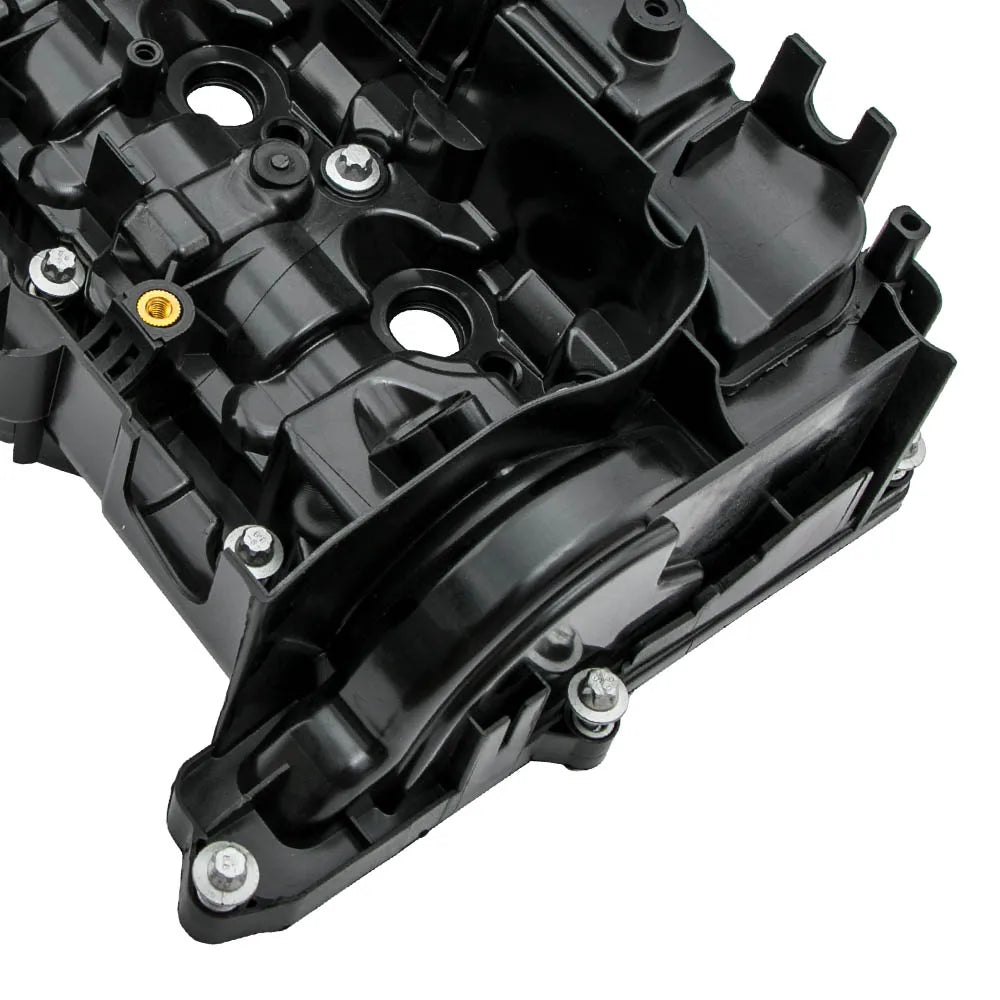 Czarna plastikowa pokrywa zaworów silnika do bmw serii f20 f21 f87 z metalowymi śrubami i złotą korkiem
