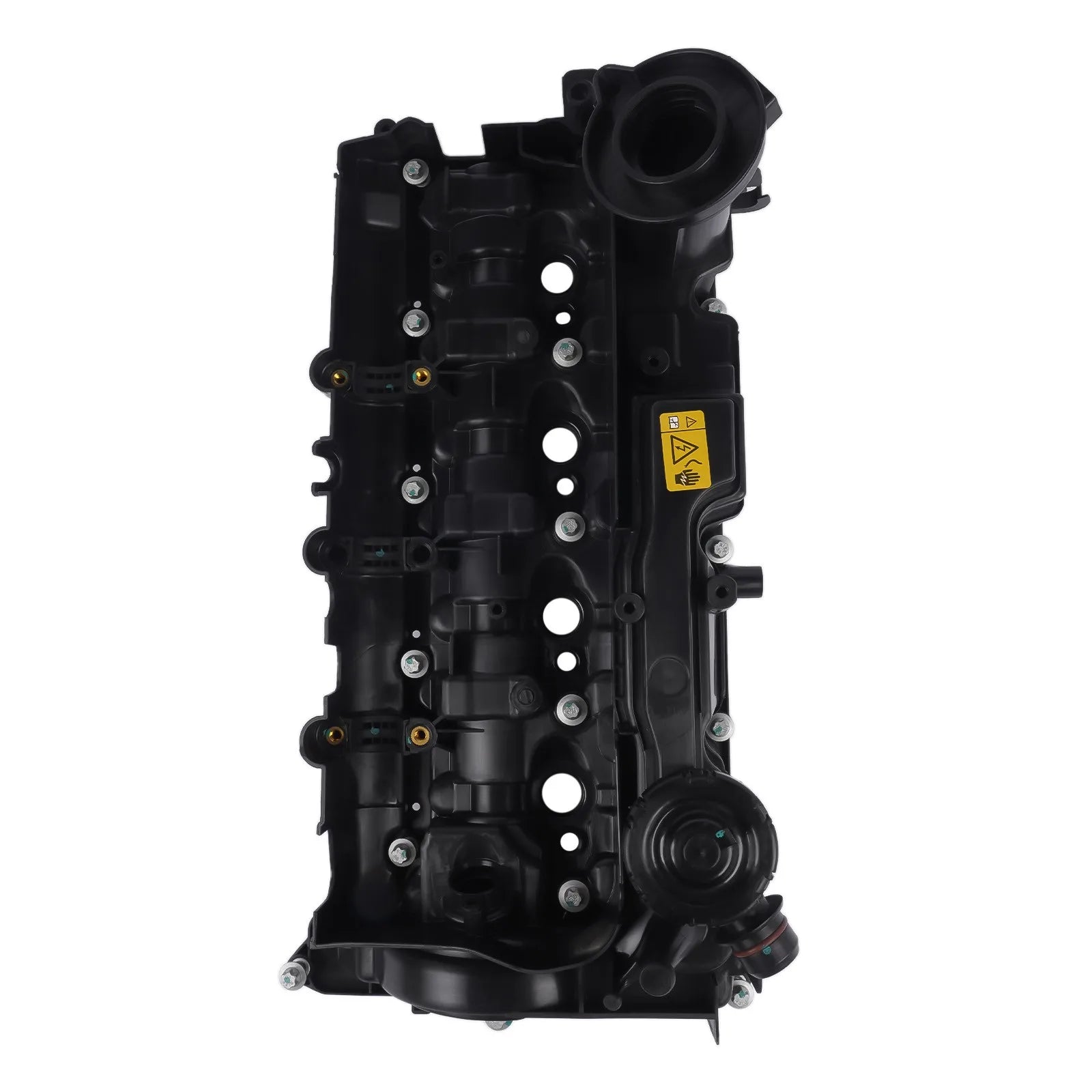 Czarna plastikowa pokrywa zaworów zintegrowanymi punktami mocowania i żółtą etykietą ostrzegawczą do n47 engine mini r55 r56 r57