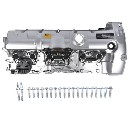 Srebrna metalowa pokrywa zaworu n52 z uszczelką i śrubami do serii saloon bmw e90 e60 e87 e81 e91