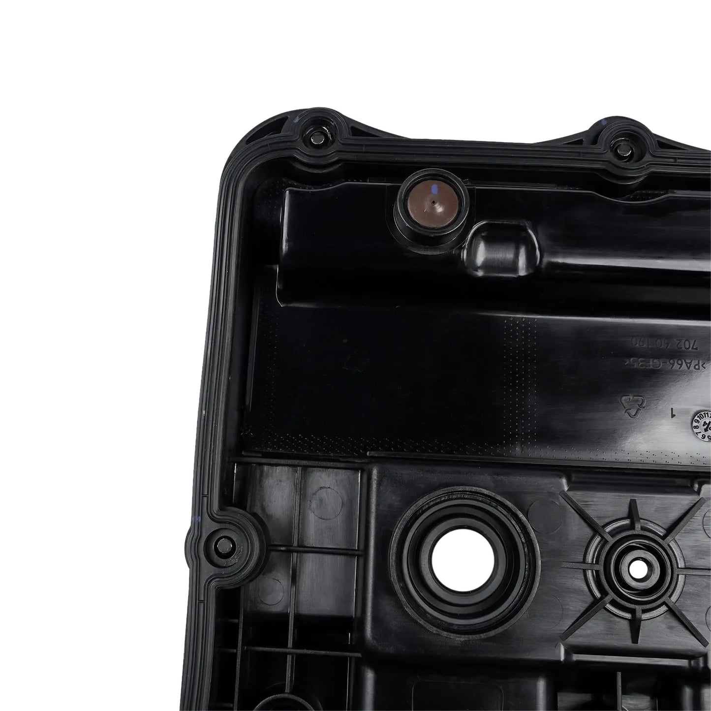 Czarna plastikowa pokrywa zaworu wału rozrządu do ford ranger tdci 4x4 z okrągłym otworem i wzmocnieniami strukturalnymi