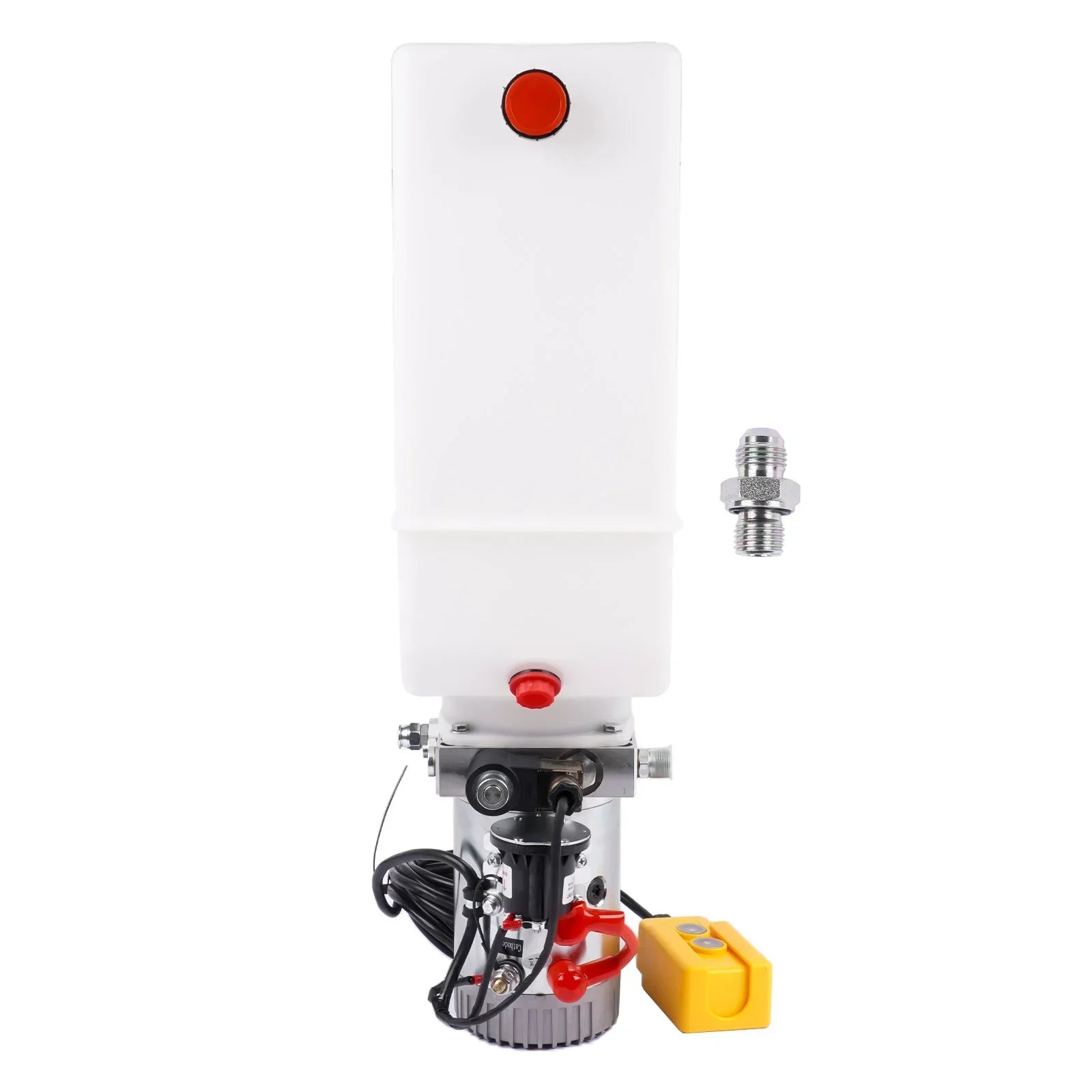Biała pompa hydrauliczna ap03 8 l 12v z czerwonymi korkami i żółtą skrzynką sterującą do ciężarówek