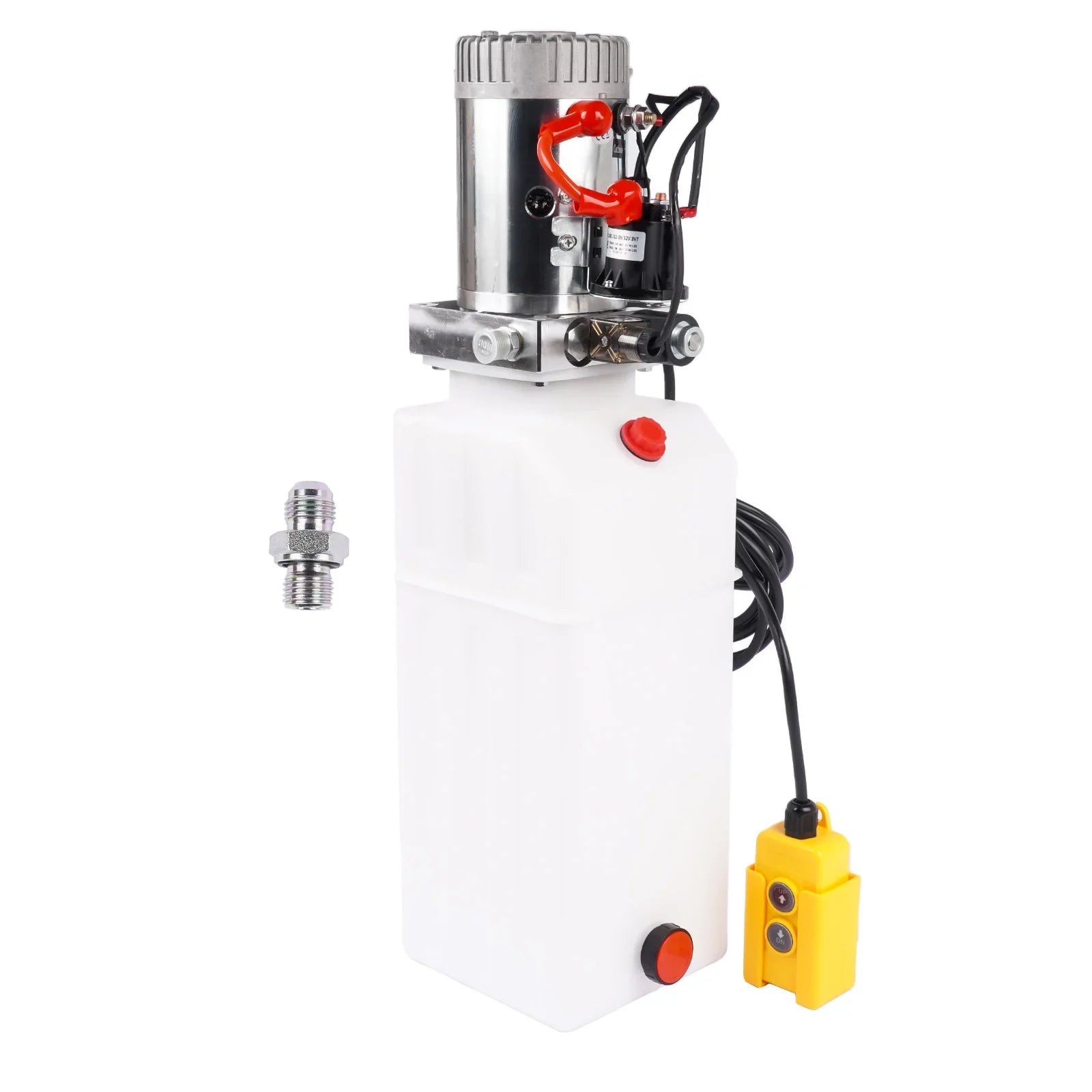 Biała pompa hydrauliczna ap03 z srebrną głowicą pompy, czerwonymi zaworami i żółtym pilotem do ciężarówek