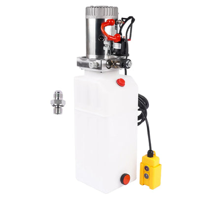 Biała pompa hydrauliczna ap03 z srebrną głowicą pompy, czerwonymi zaworami i żółtym pilotem do ciężarówek