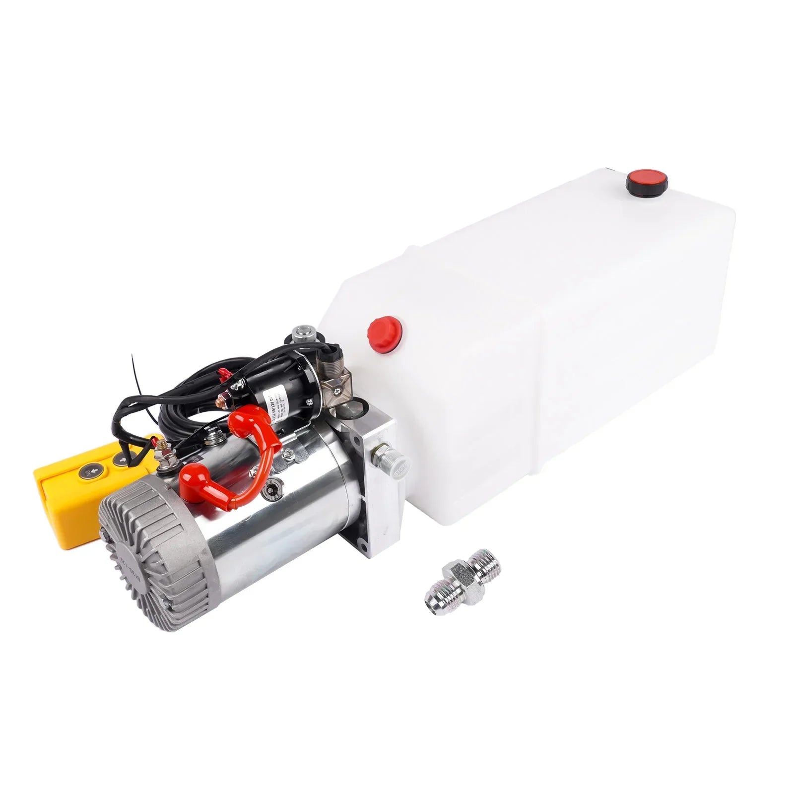 Pompa hydrauliczna ap03 12v 8 l srebrna z czerwonymi akcentami i białym zbiornikiem do wywrotek