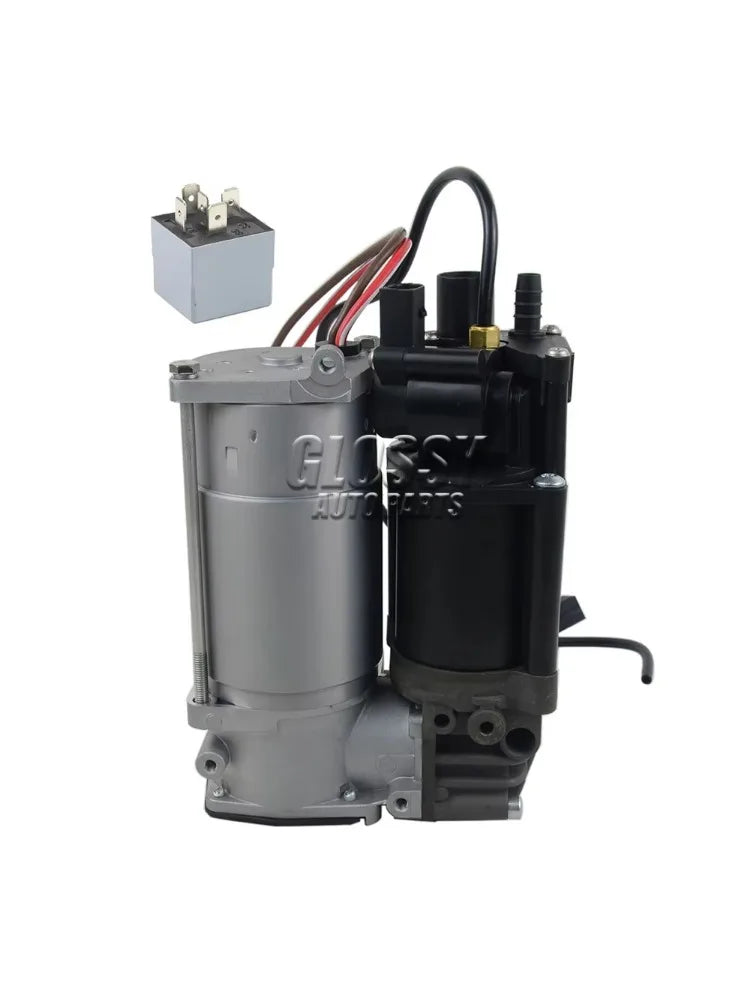 Gray and black automotive air compressor assembly with a silver relay for bmw f01 f02 f03 series suspension system
