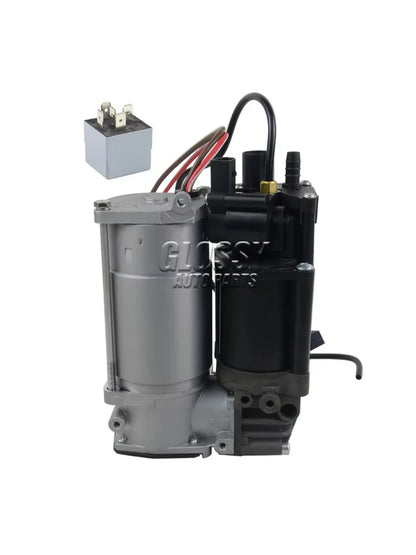 Gray and black automotive air compressor assembly with a silver relay for bmw f01 f02 f03 series suspension system