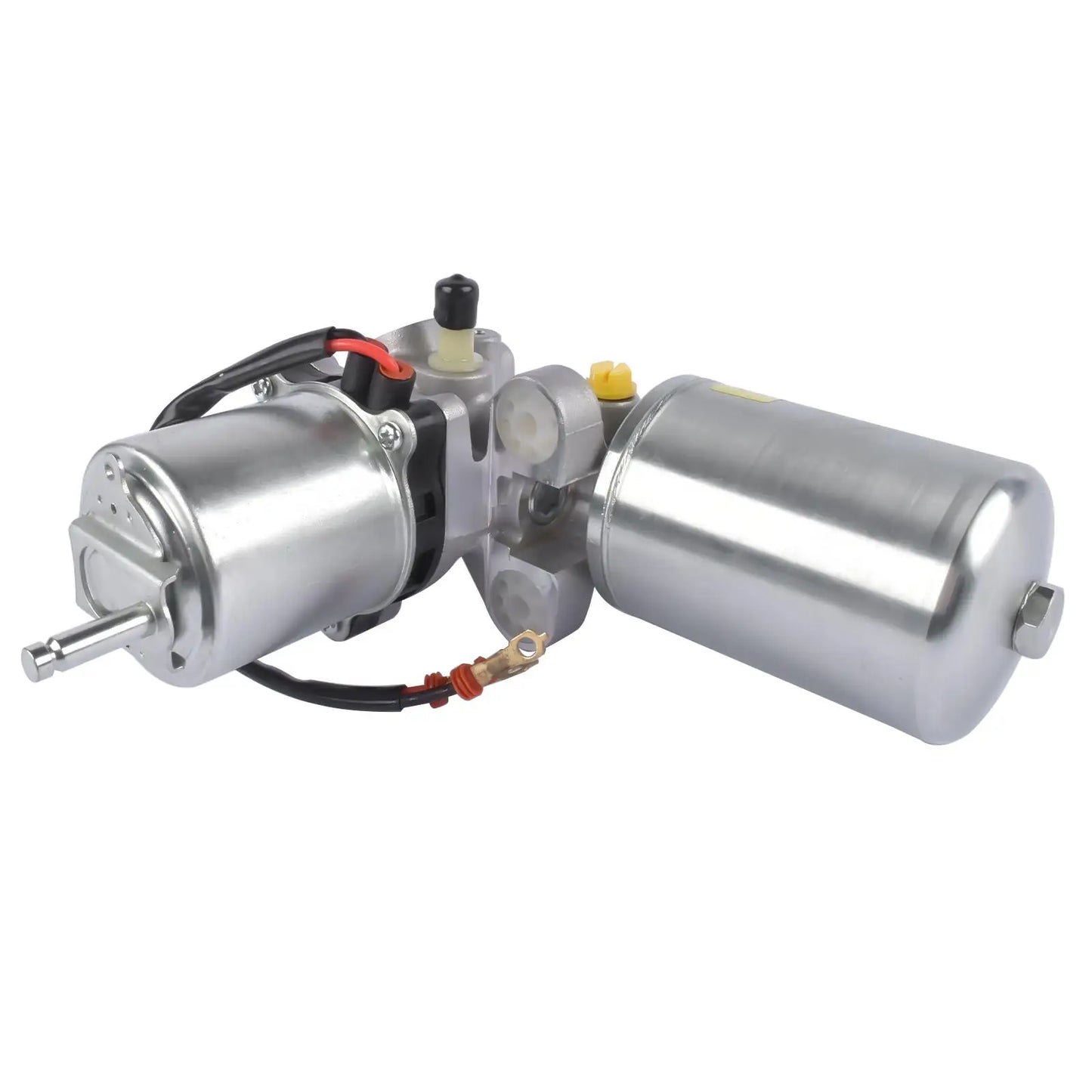 Metaliczny srebrny zestaw pompy wspomagania kierownicy z czarnym i czerwonym okablowaniem oraz żółtą zatyczką do toyota landcruiser part number ap01