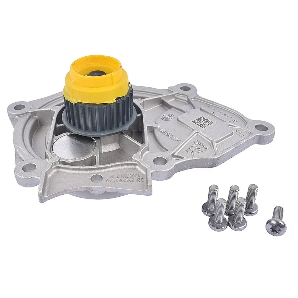 Srebrna aluminiowa pompa wody ap01 z żółto-czarnym korpusem i śrubami do audi vw tsi cpra cpka 06k121011b