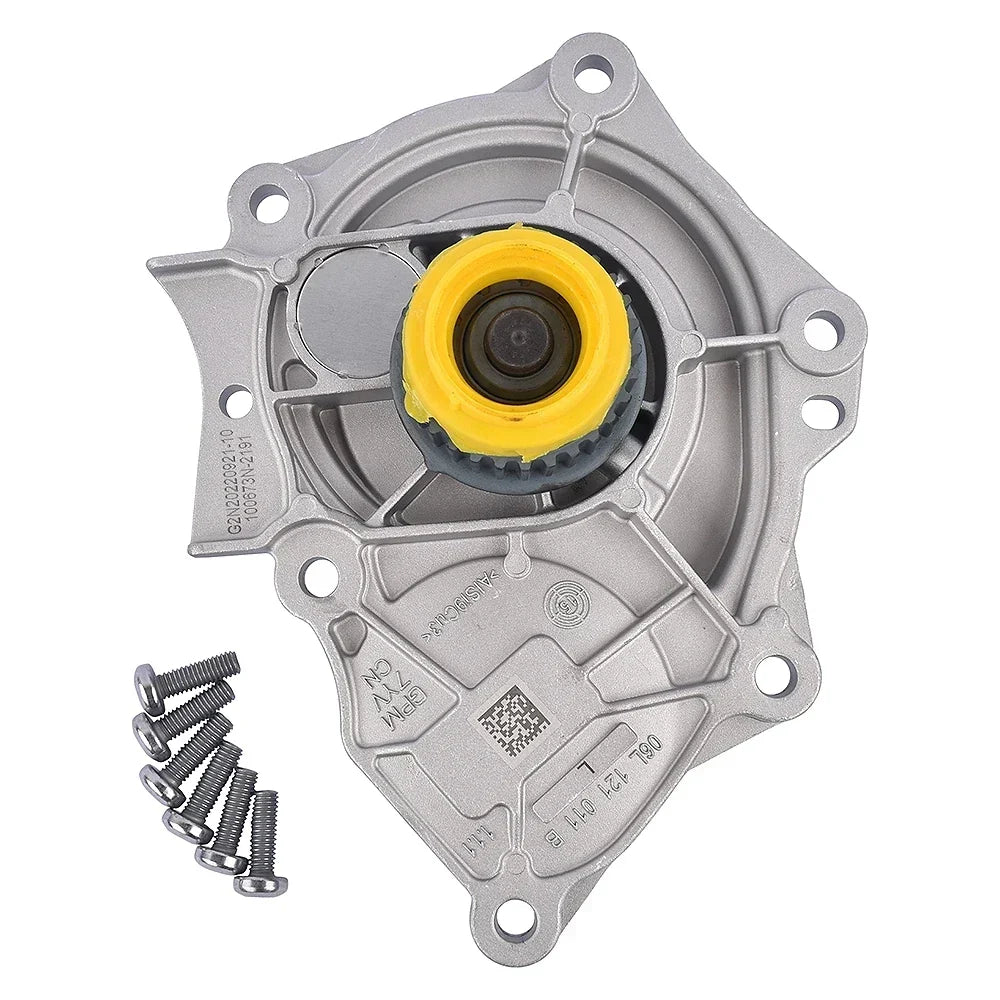 Metaliczna srebrna pompa wody do silnika z żółtym centralnym korpusem i śrubami ap01 do audi vw 06k121011b cpra cpka tsi