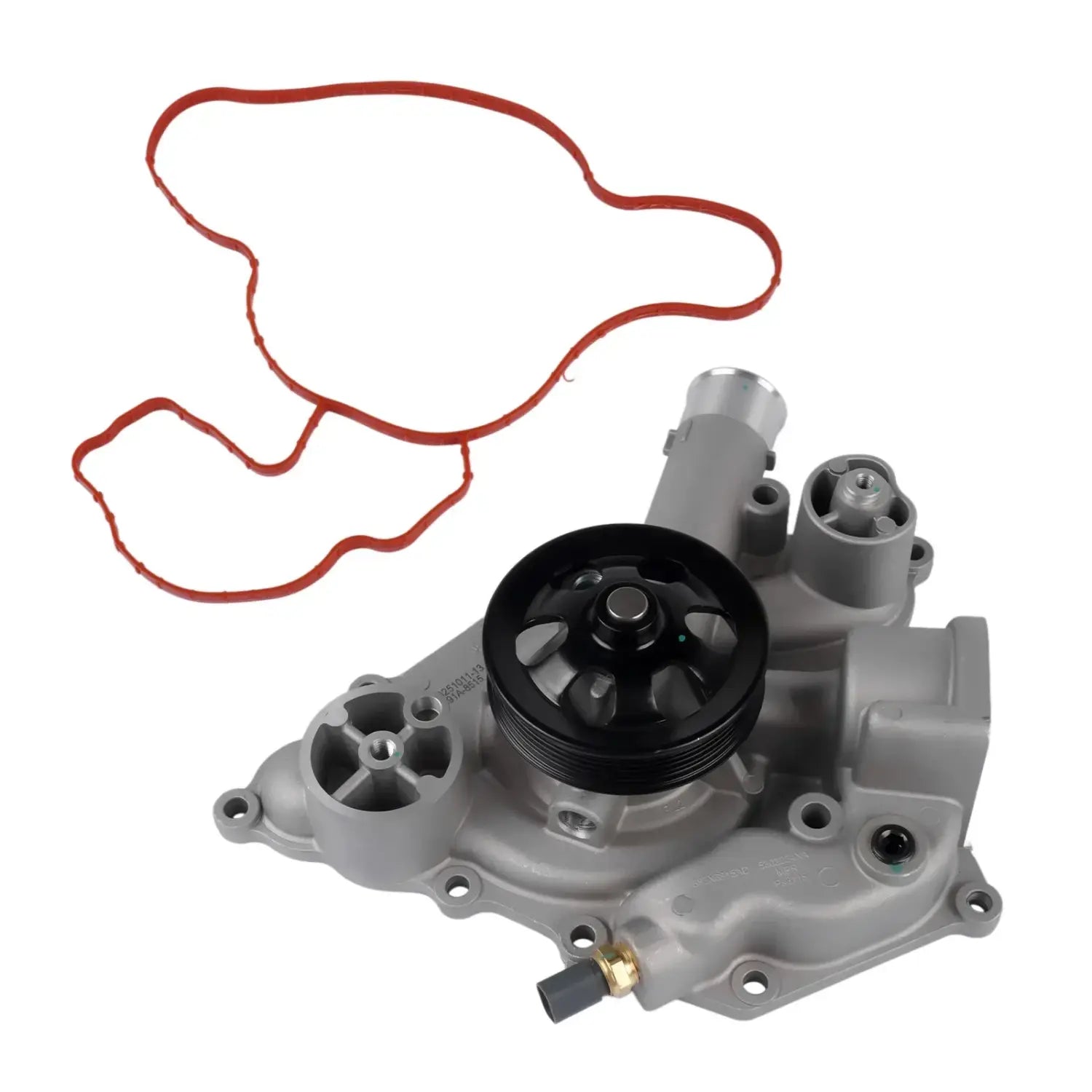 Gray automotive water pump with black pulley and red rubber gasket for jeep grand cherokee and dodge charger 5.7l 6.4l hemi