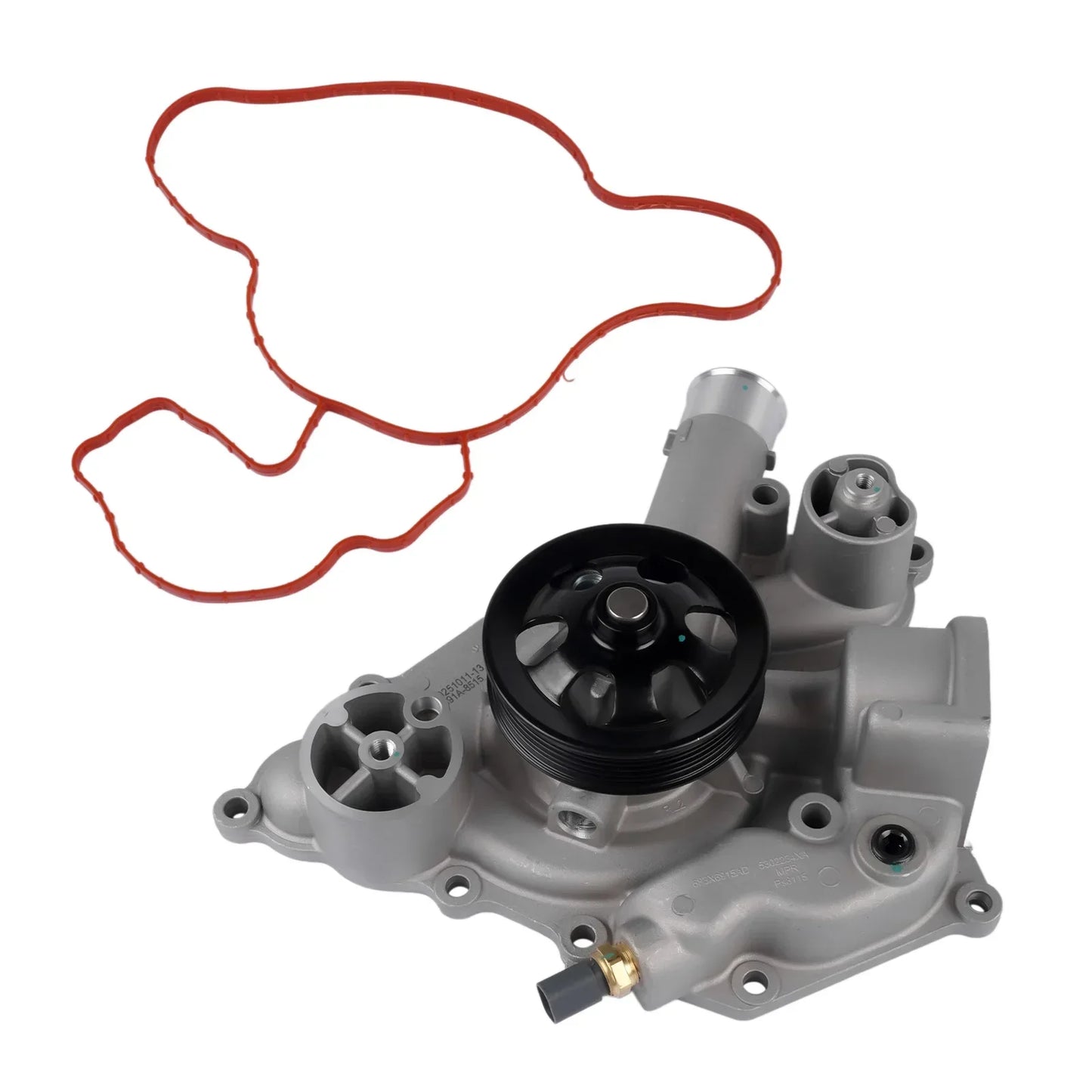Gray automotive water pump with black pulley and red rubber gasket for jeep grand cherokee and dodge charger 5.7l 6.4l hemi