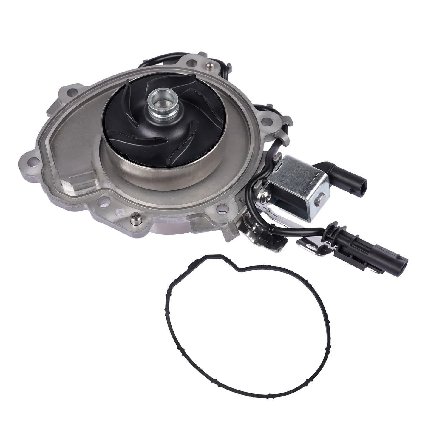 Srebrna metaliczna pompa wody silnika z czarnym wirnikiem i złączami elektrycznymi do range rover evoque velar defender 2.0 2014