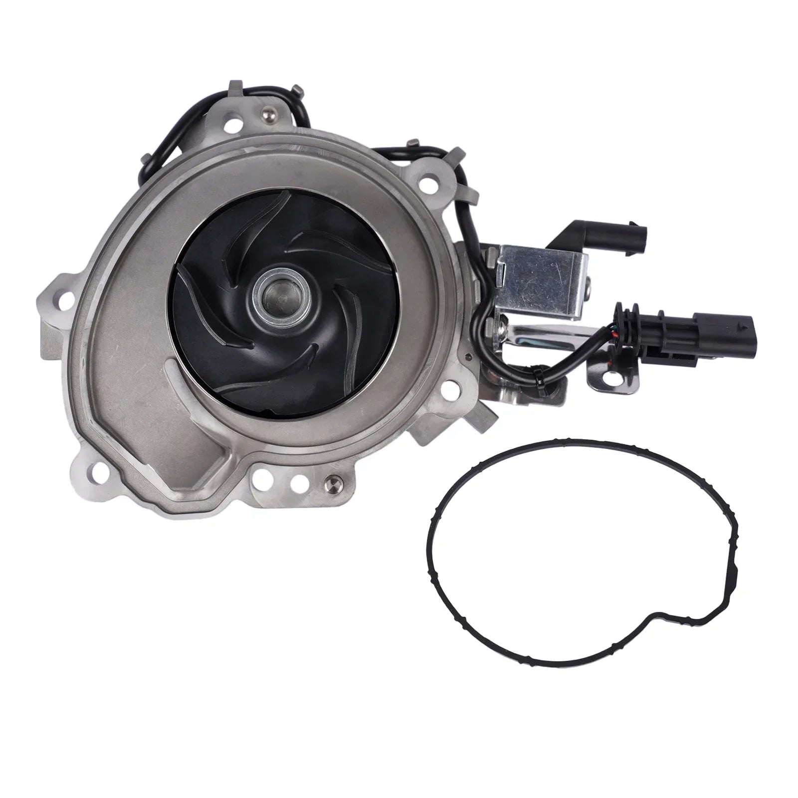 Pompa wody silnika range rover srebrna metaliczna z czarnym wirnikiem i komponentami elektrycznymi do evoque velar defender 2.0 2014