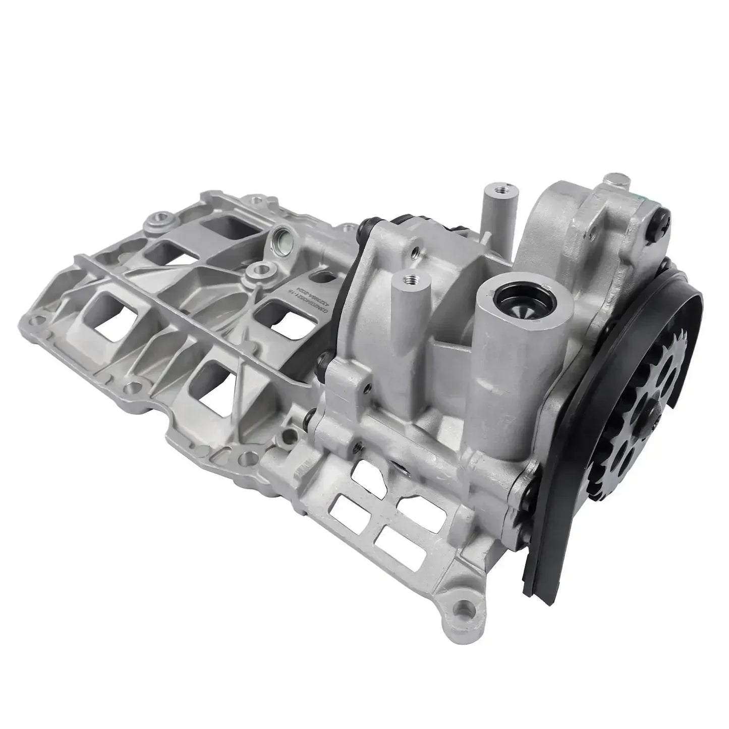 Srebrna metaliczna pompka oleju z czarną pulley i zintegrowanymi zębnikami do bmw 3er 1er i 3er touring