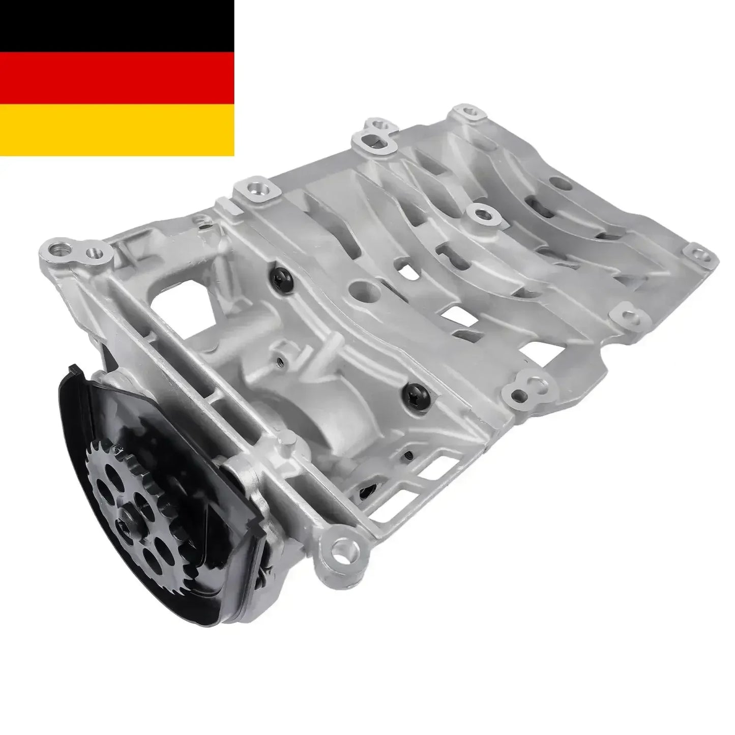 Srebrny metaliczny olejowy karter z czarnym zespołem zębatek i otworami montażowymi do bmw 3er i 1er