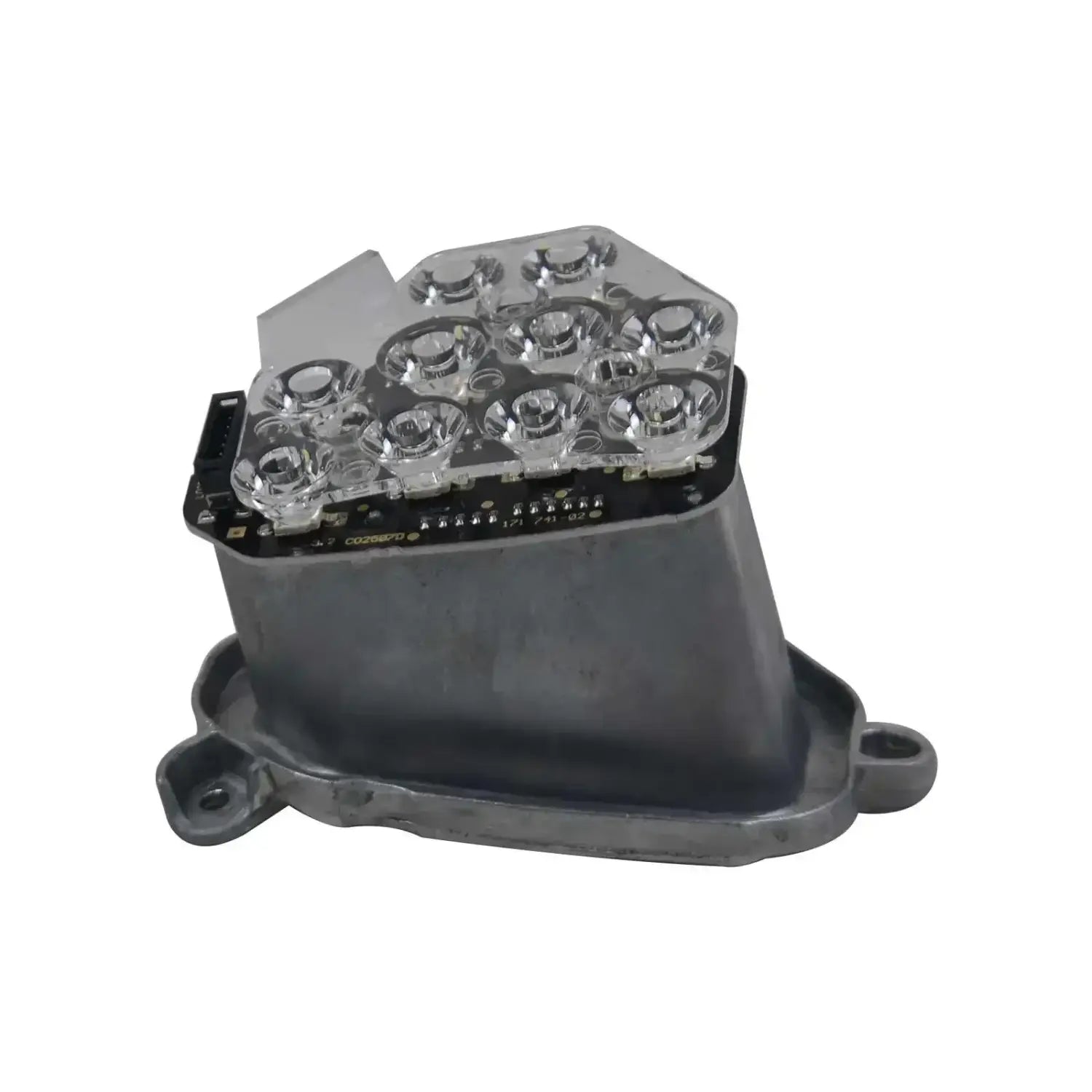 Szara plastikowa obudowa modułu led bi xenon z przezroczystą pokrywą i wieloma okrągłymi diodami do f10 f11
