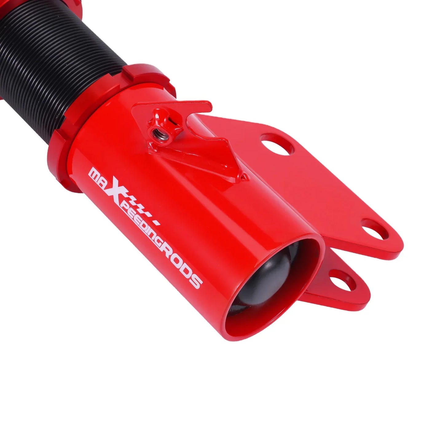 Czerwony metaliczny amortyzator z czarną sprężyną i brandingiem mr x-peacingrods do subaru impreza wrx