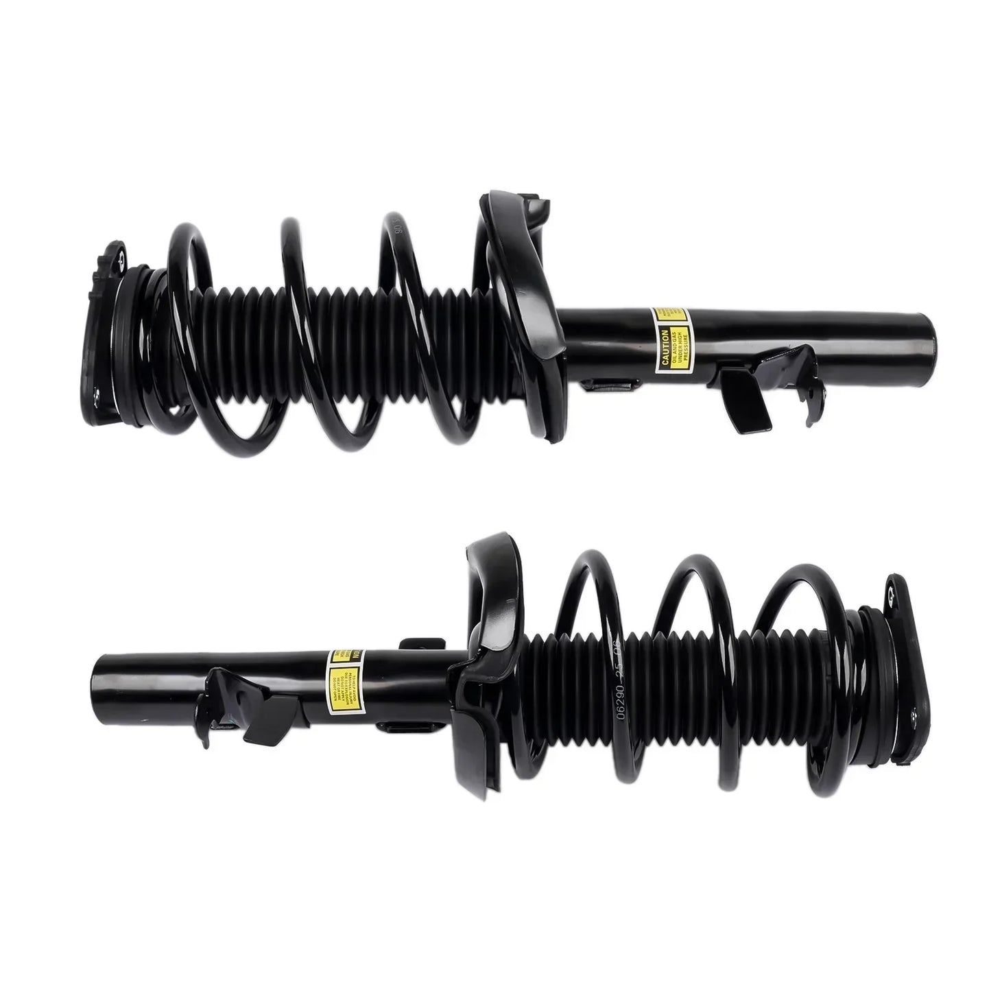 Czarne coilover amortyzatory z polerowanym wykończeniem i żółtymi etykietami do ford focus mk3