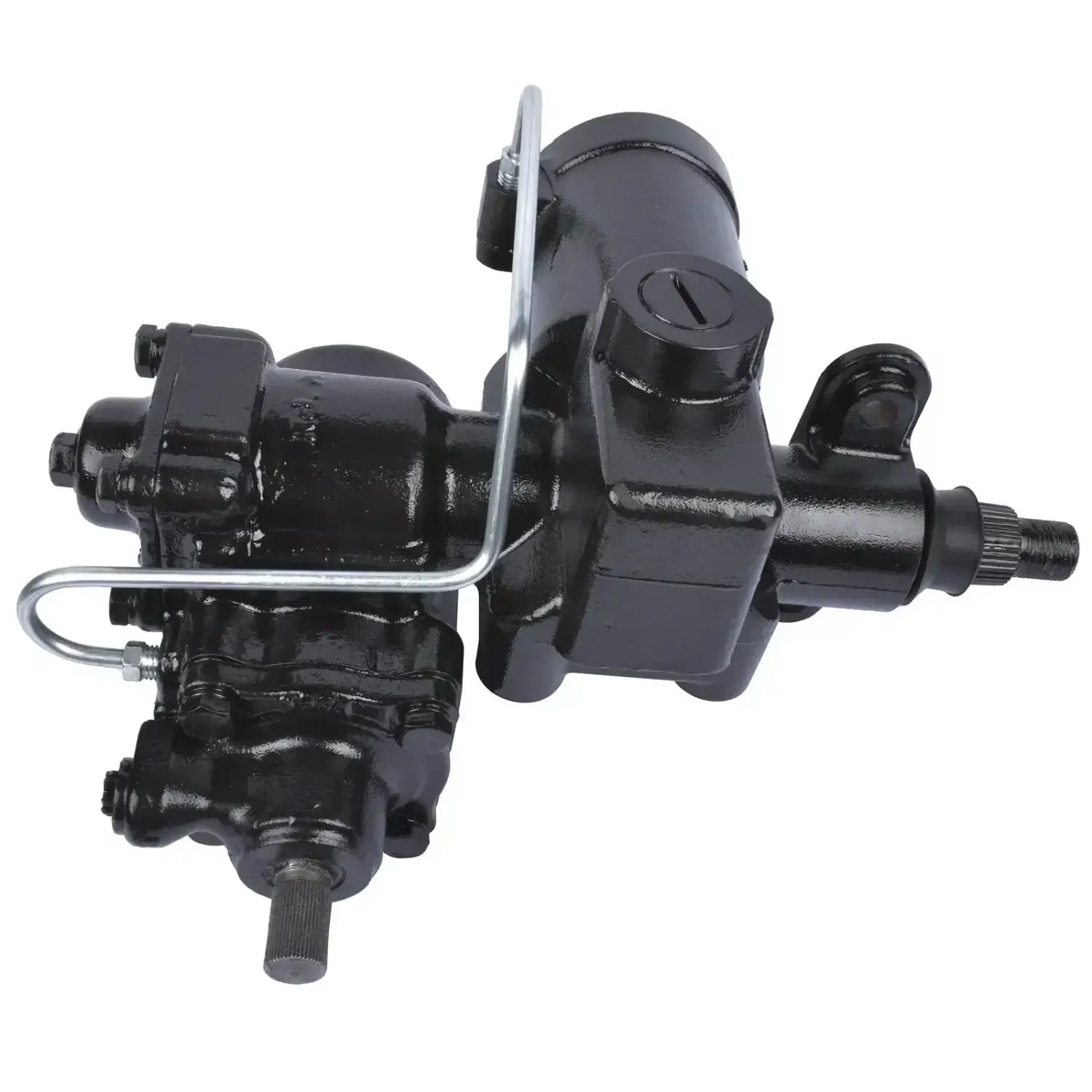 Czarna metalowa skrzynia kierownicza power steering 82-00109r z srebrnym drucianym wspornikiem do land rover