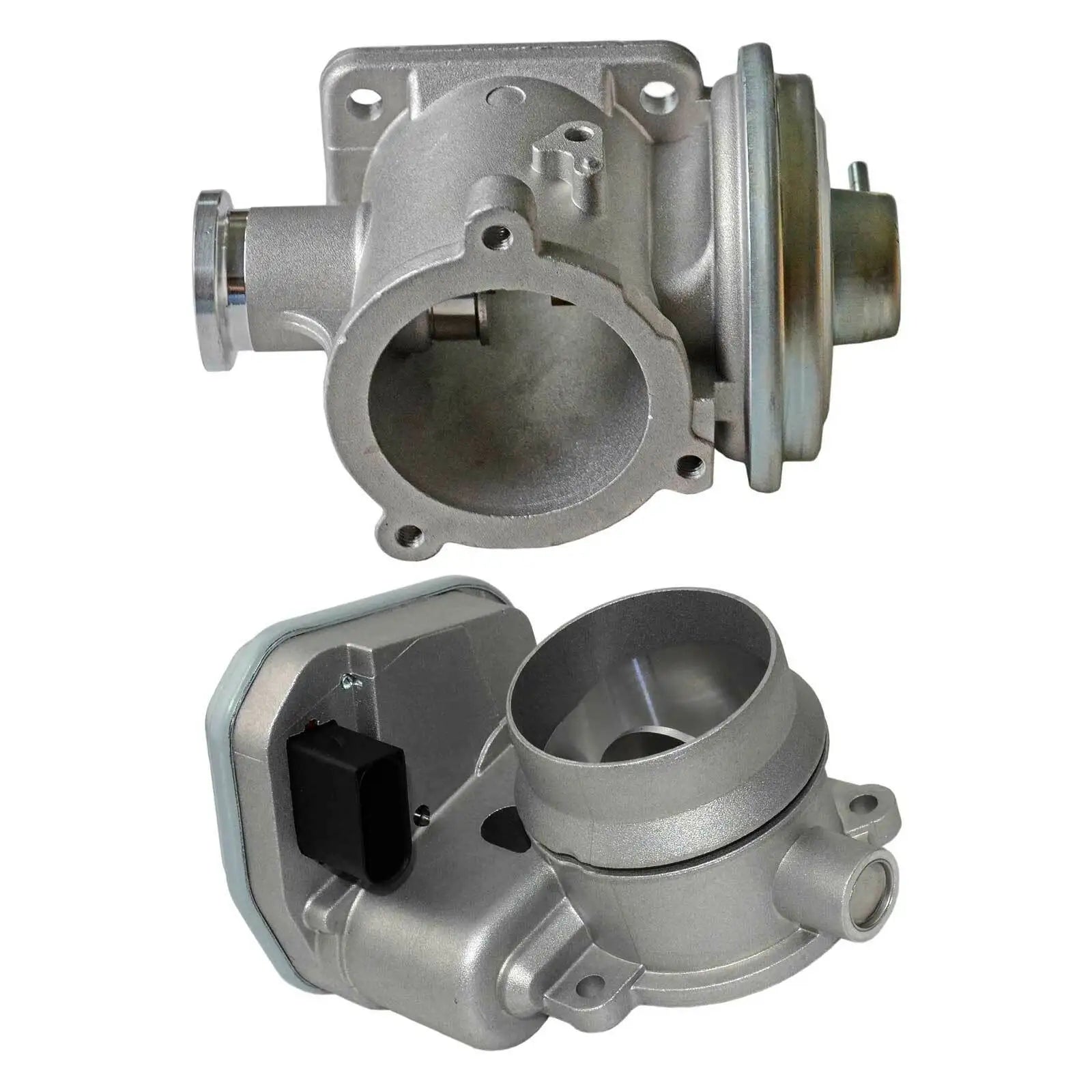 Srebrny metaliczny throttle body z cylindrycznym portem ssącym i elektroniką part number ap03 11717793484 do bmw 325d 330d