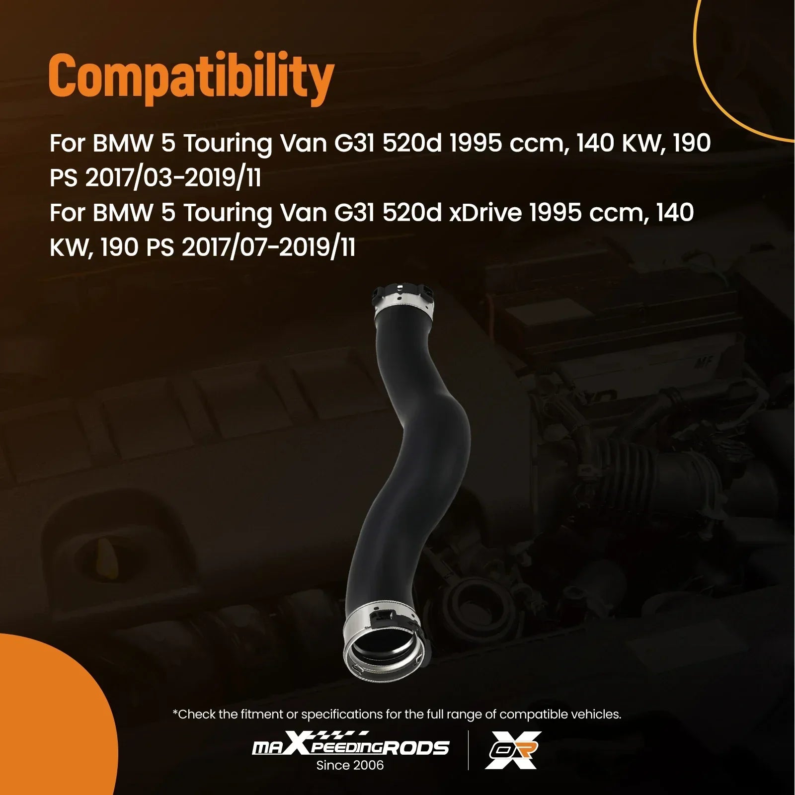 Czarny gumowy przewód intercooler turbo z metalowymi srebrnymi końcówkami do bmw serii 5 g30 g31 i 7 g11 g12