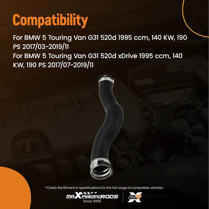 Czarny gumowy przewód intercooler turbo z metalowymi srebrnymi końcówkami do bmw serii 5 g30 g31 i 7 g11 g12
