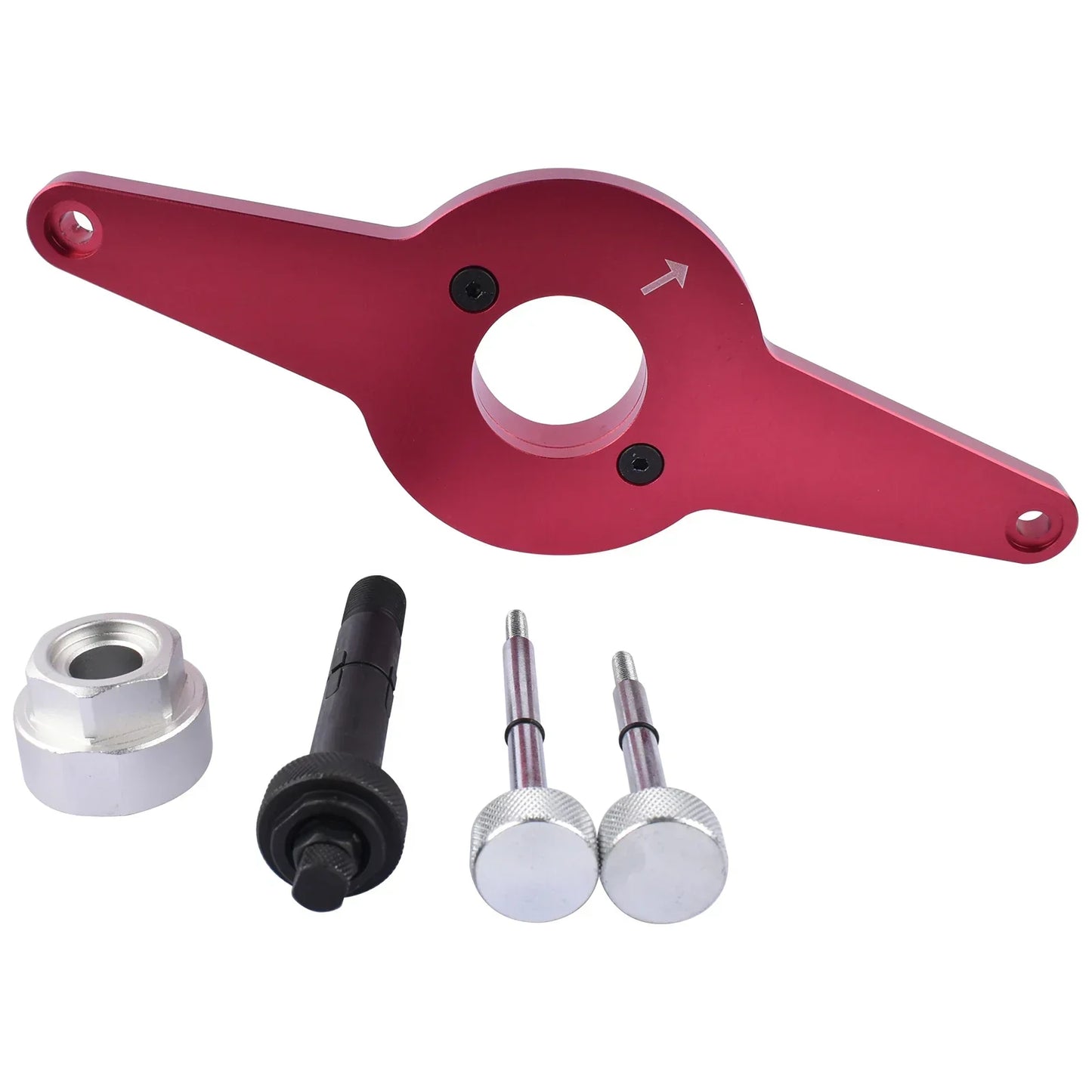 Czerwony aluminiowy tool t10531 z czarnymi śrubami i srebrnymi elementami do vw audi 1.8l 2.0l tfsi ea888