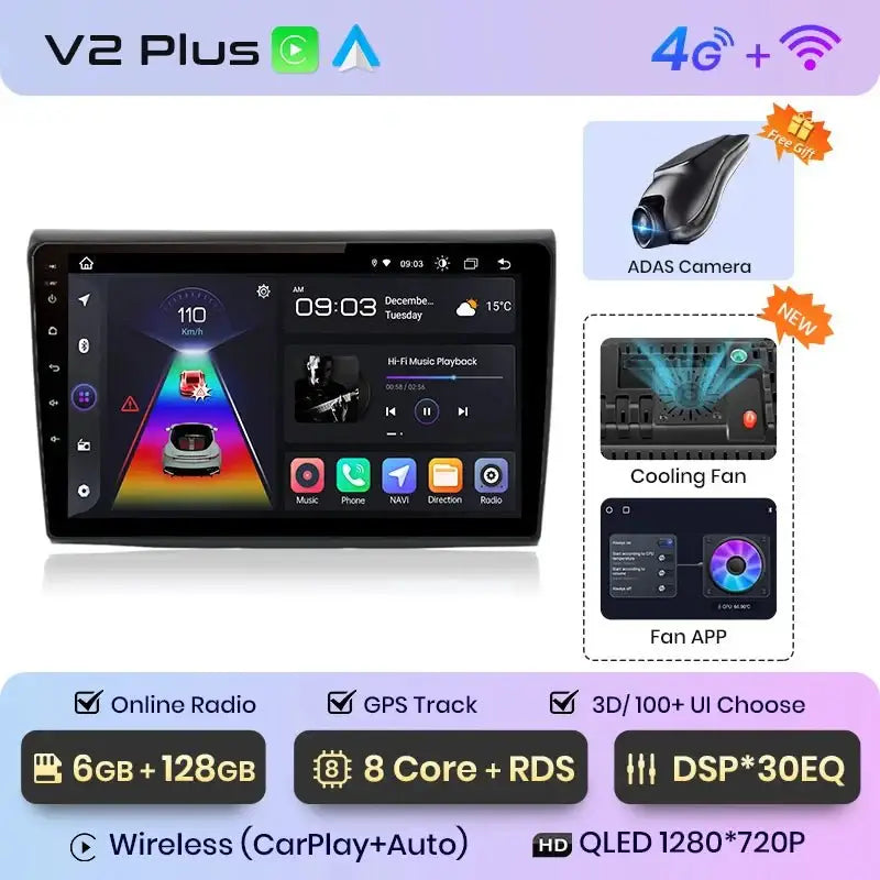 Radio dla Fiat Bravo 2007 - 2012 GPS z Bezprzewodowym CarPlay i Android Auto - Multigenus