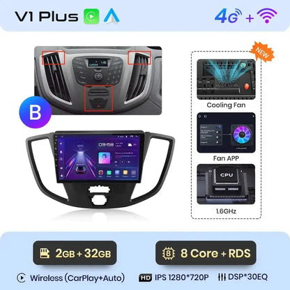 4G Bezprzewodowy CarPlay i Android Auto 2DIN Multimedia GPS Radio do Ford Transit Custom/Tourneo 2013 - 2021 - Multigenus