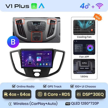 4G Bezprzewodowy CarPlay i Android Auto 2DIN Multimedia GPS Radio do Ford Transit Custom/Tourneo 2013 - 2021 - Multigenus