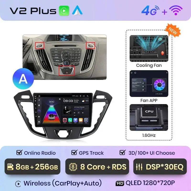 4G Bezprzewodowy CarPlay i Android Auto 2DIN Multimedia GPS Radio do Ford Transit Custom/Tourneo 2013 - 2021 - Multigenus