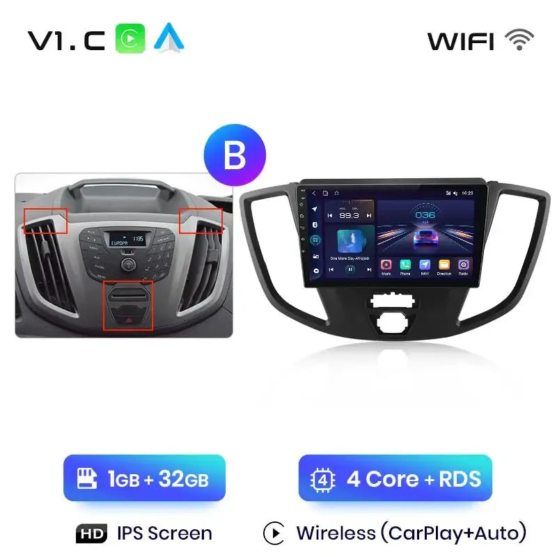 4G Bezprzewodowy CarPlay i Android Auto 2DIN Multimedia GPS Radio do Ford Transit Custom/Tourneo 2013 - 2021 - Multigenus